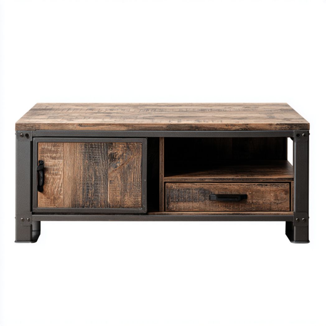 Table basse rectangulaire en bois de manguier massif et métal avec rangements intégrés