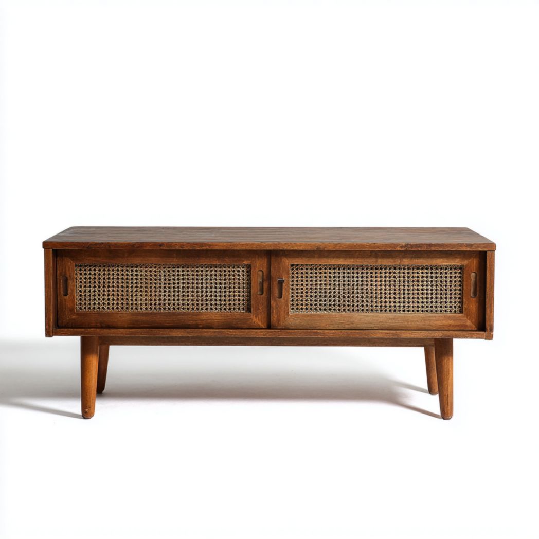 Meuble TV en bois massif avec portes coulissantes en rotin