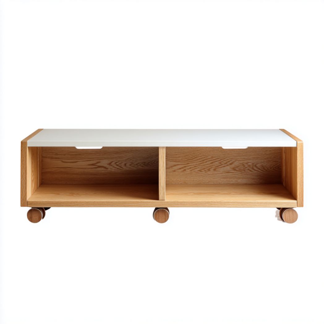 Table basse rectangulaire en chêne avec plateau blanc et roulettes
