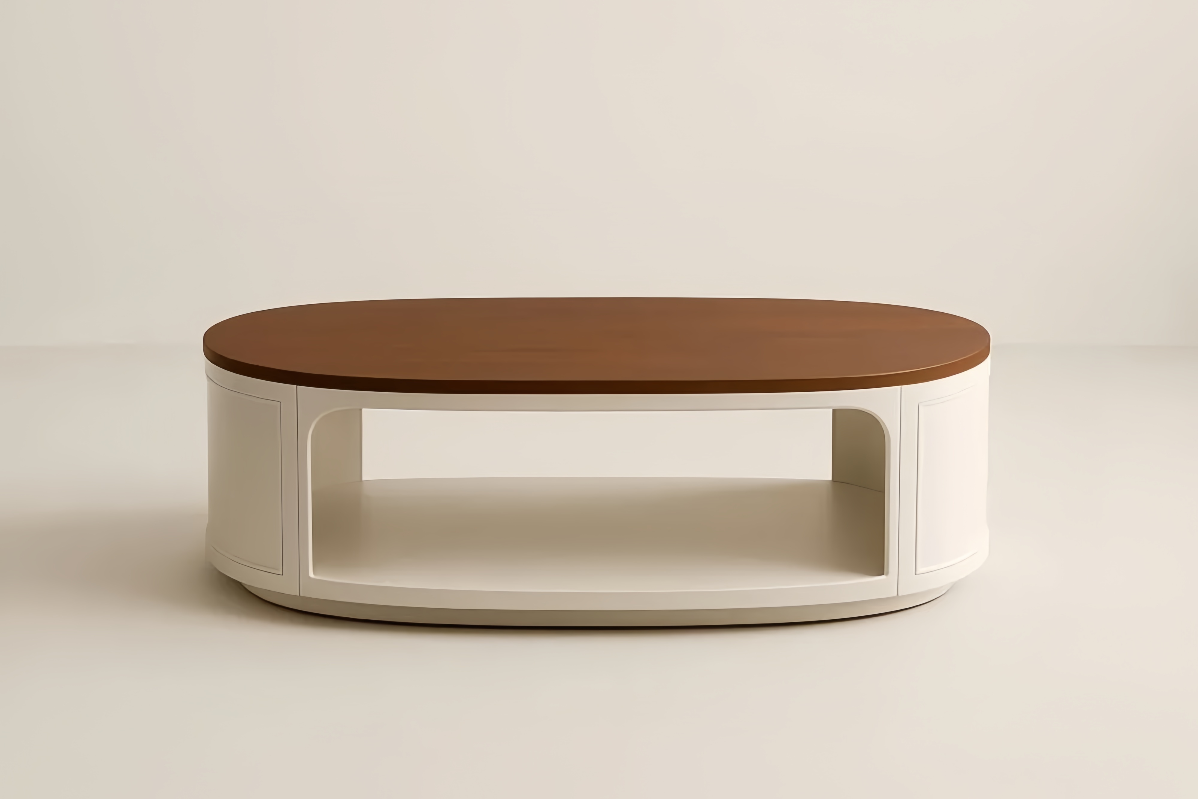 Tavolino ovale in MDF e legno con doppio ripiano Bianco e Marrone