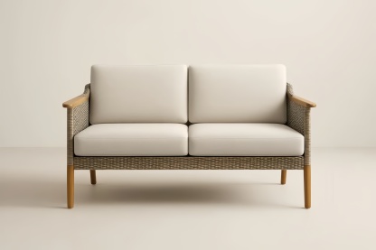 Divano a Due Posti in Rattan Sintetico e Legno di Faggio Beige con cuscini