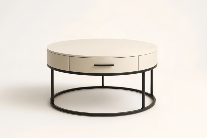 Tavolino da caffè tondo in legno e metallo con cassetto crema