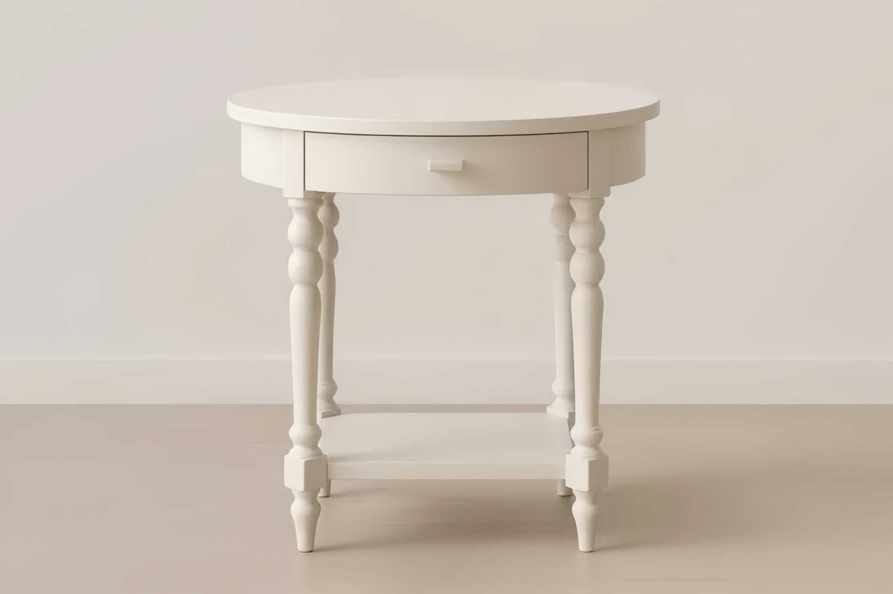 Tavolino Laterale Rotondo in MDF Verniciato Bianco con Cassetto e Ripiano