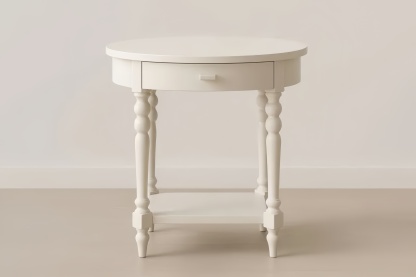 Tavolino Laterale Rotondo in MDF Verniciato Bianco con Cassetto e Ripiano