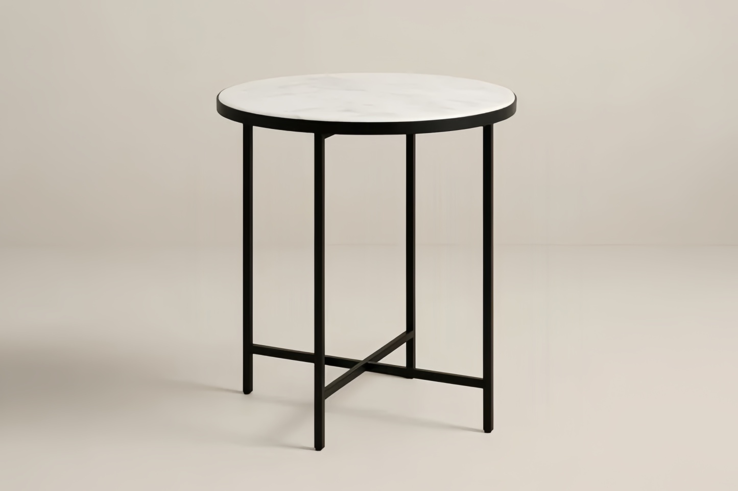 Tavolino Laterale Rotondo in Marmo Bianco con Struttura in Acciaio Nero, Effetto Marmo