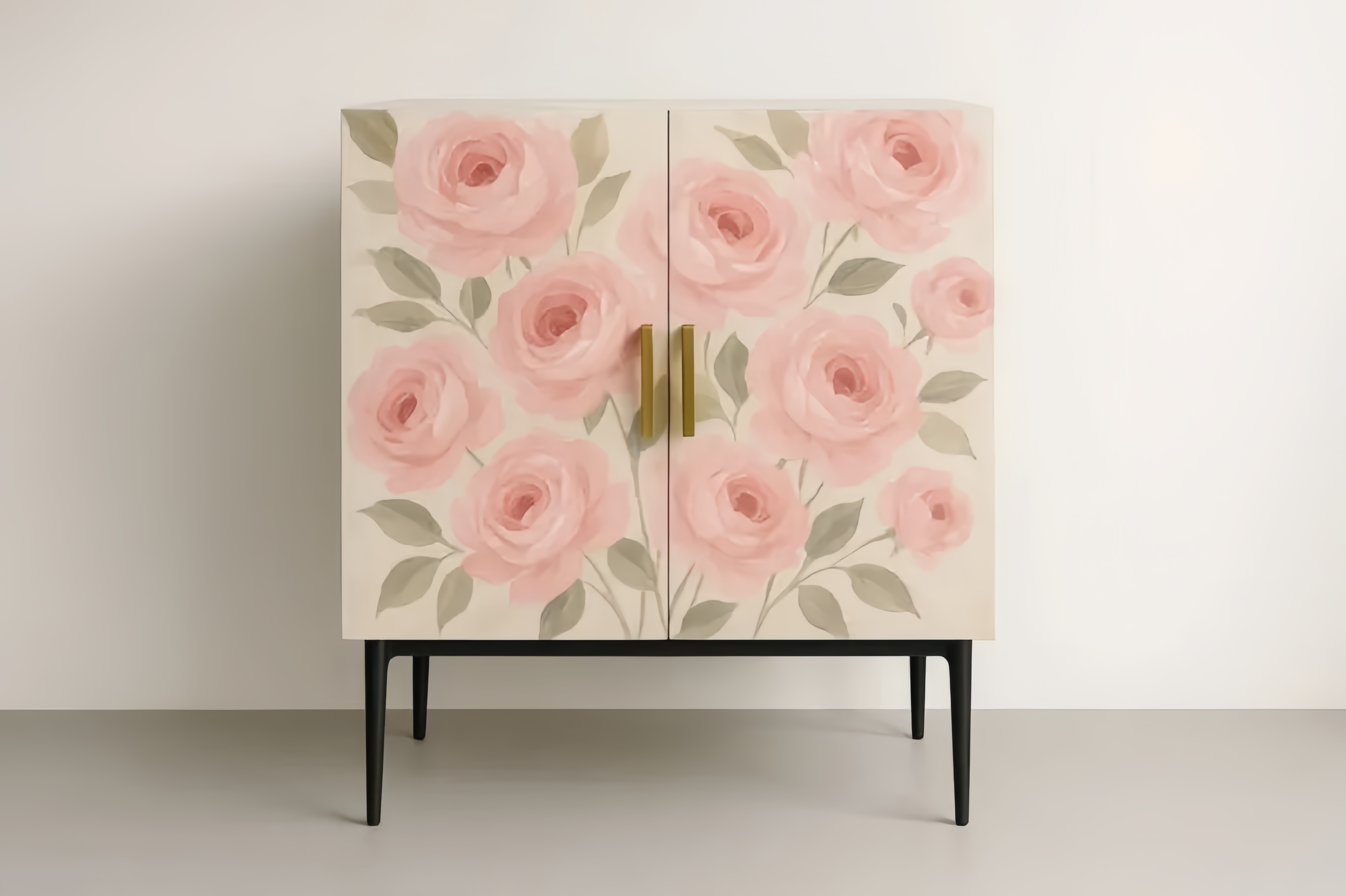 Mobile Contenitore in Rovere con Motivo Floreale Rosa e Gambe in Acciaio