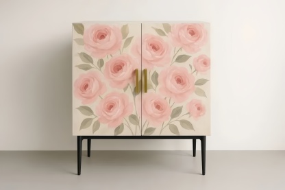 Mobile Contenitore in Rovere con Motivo Floreale Rosa e Gambe in Acciaio