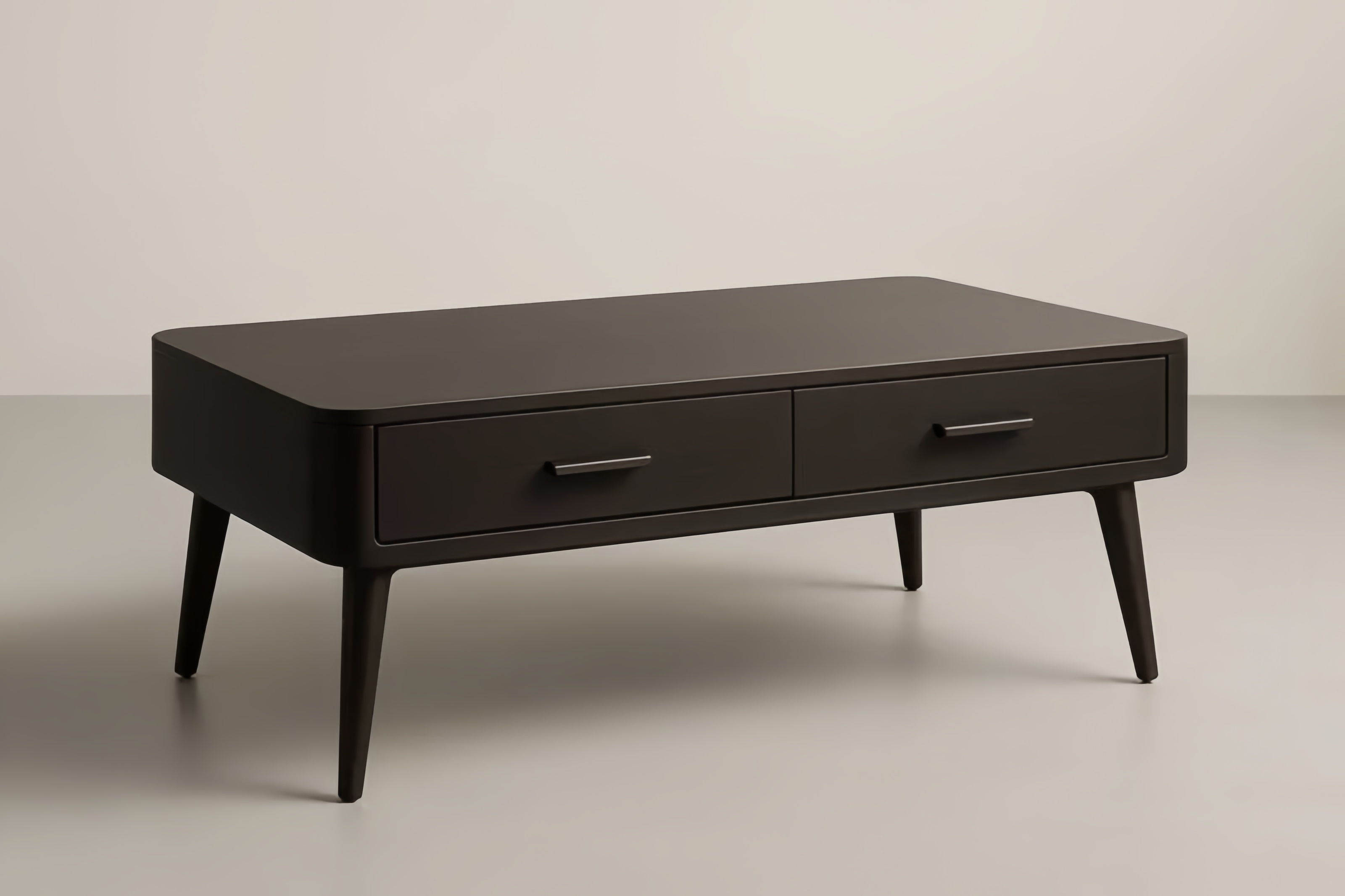 Tavolino da caffè in MDF marrone con cassetti e gambe coniche