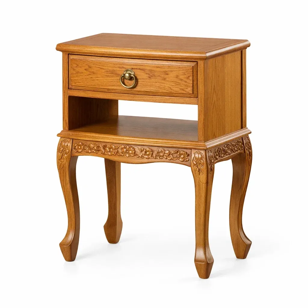 Table de chevet en bois sculpté avec tiroir et étagère 60x40x75 cm chêne-SOFINIO