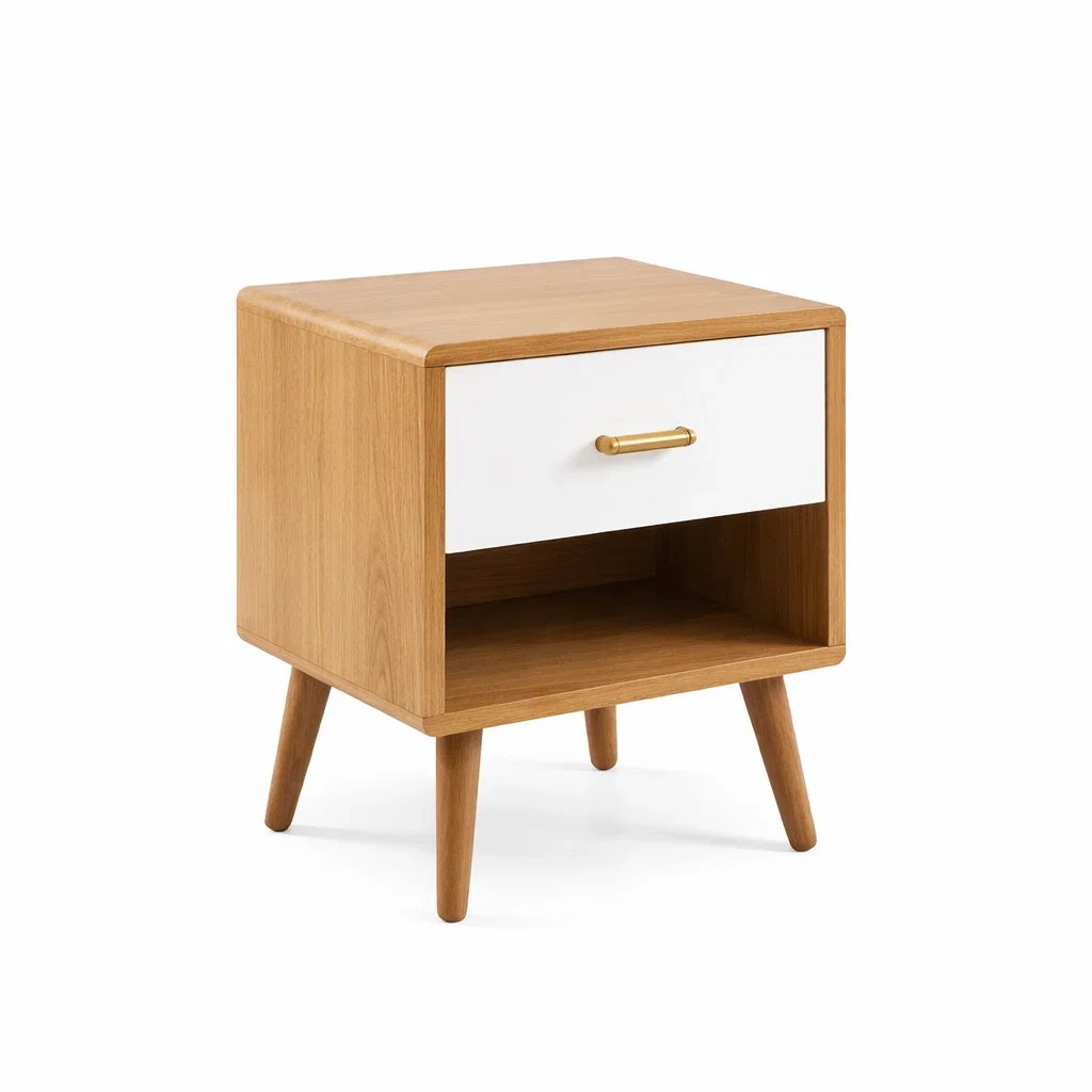 Table de chevet en MDF avec tiroir blanc et bois clair-SOFINIO