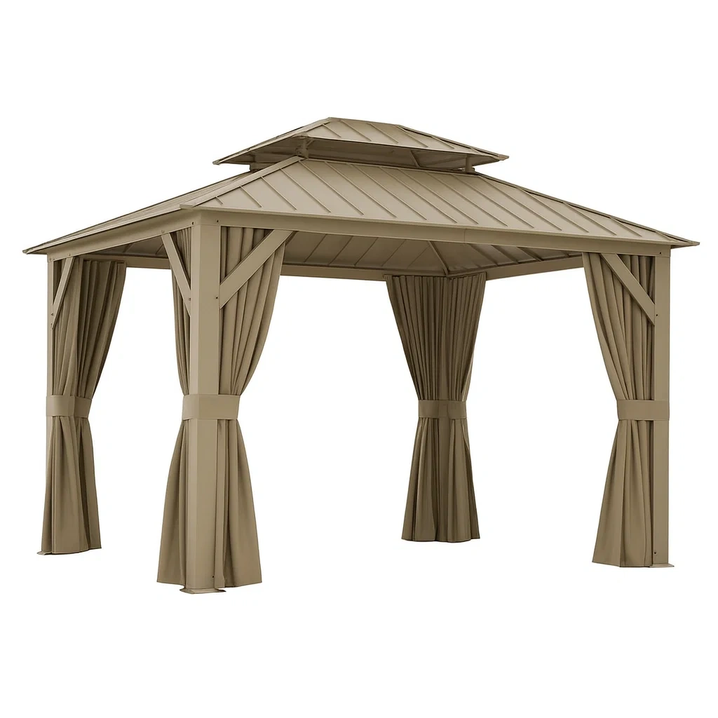 Tonnelle en métal beige avec rideaux 400x300x280 cm-FURNIGLITZ