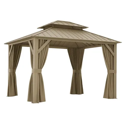 Tonnelle en métal beige avec rideaux 400x300x280 cm-FURNIGLITZ