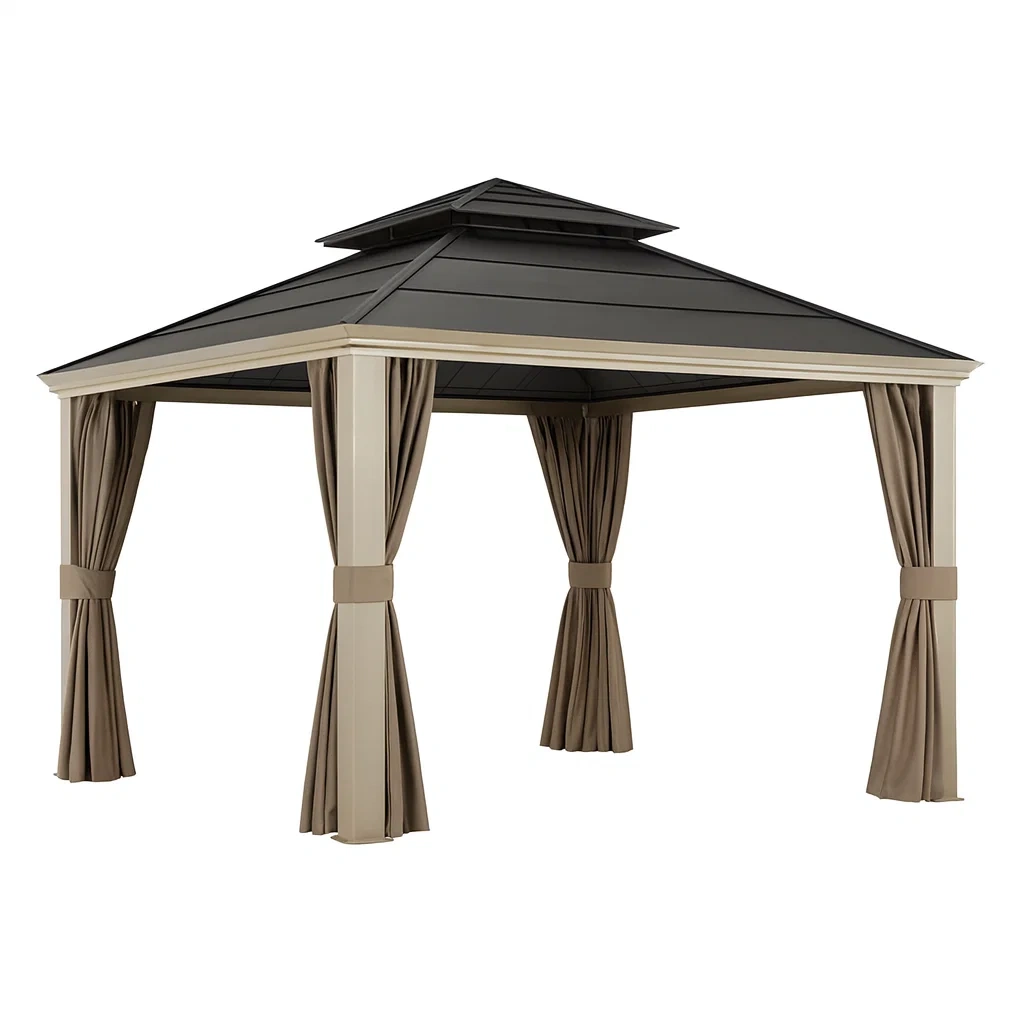 Tonnelle d'extérieur en aluminium avec rideaux marron et noir-FURNIGLITZ