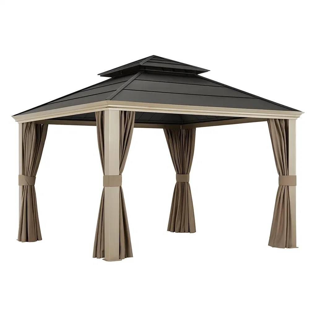 Tonnelle d'extérieur en aluminium avec rideaux marron et noir-FURNIGLITZ