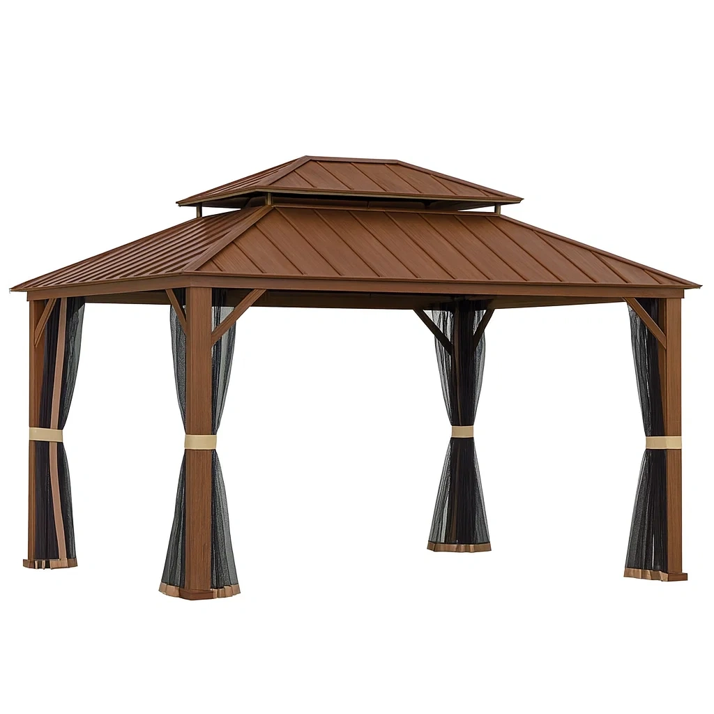 Tonnelle en aluminium brun avec toit métallique et rideaux en polyester-FURNIGLITZ