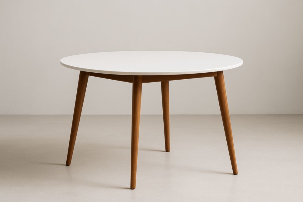 Tavolo rotondo di colore chiaro realizzato in pannelli di fibra a media densità e legno massello.