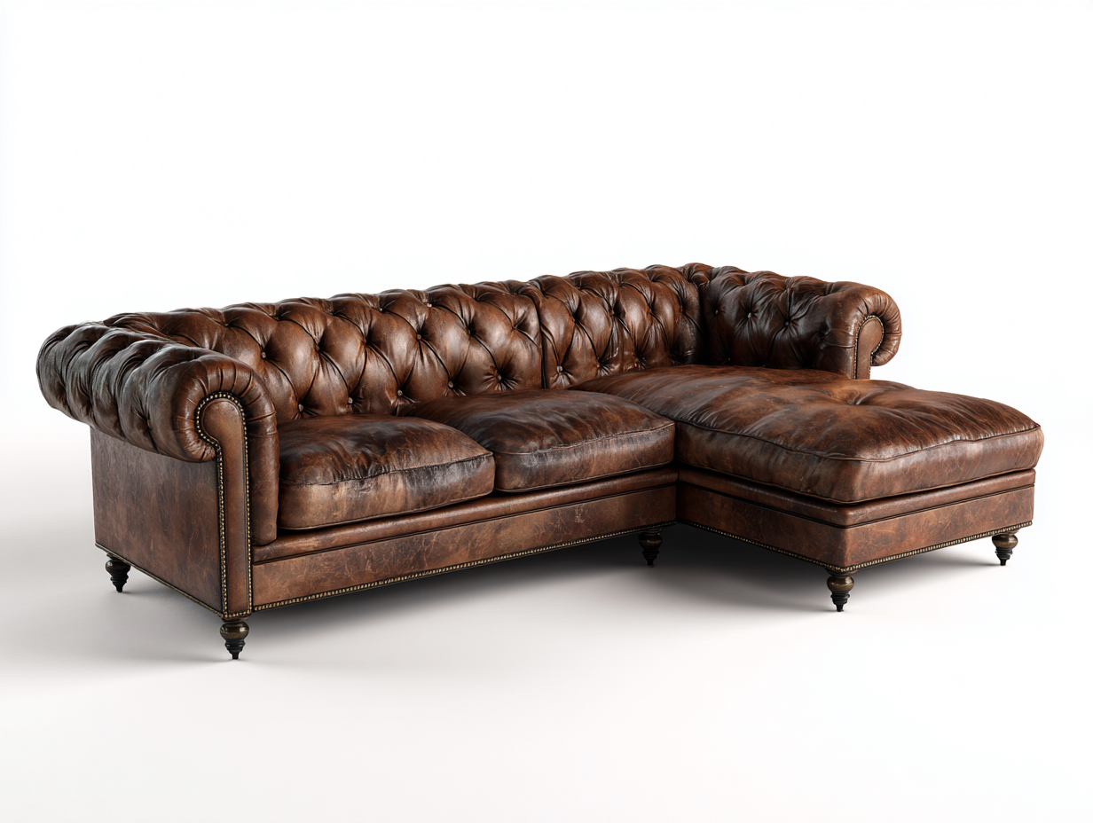 Divano angolare in pelle 285x170x78 cm - marrone scuro - per soggiorno - stile classico