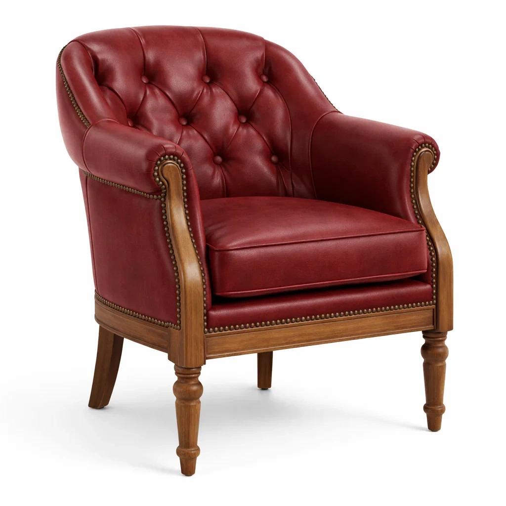Armchair Red Leather with Wood Legs-VIBEROOMZ
