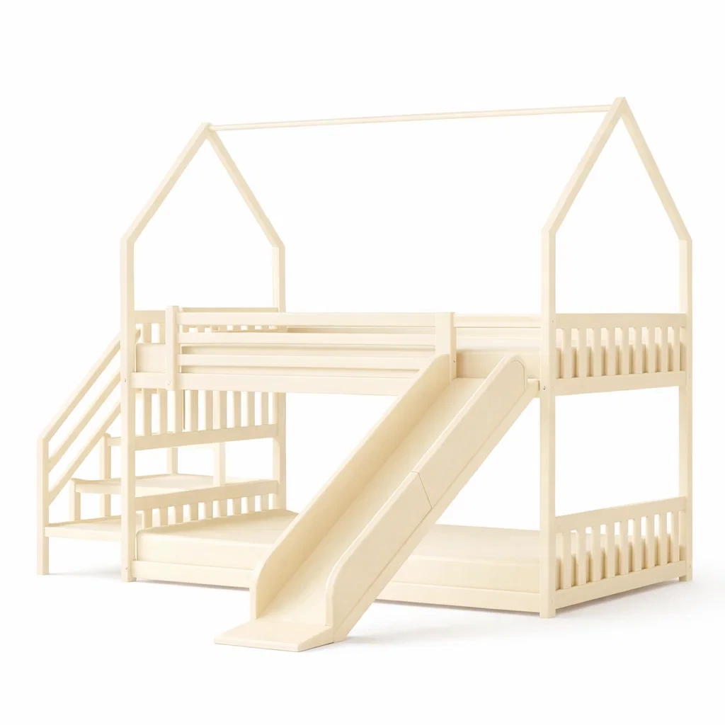 Bunk Bed Pine Wood Loft with Slide and Ladder Beige-VIBEROOMZ