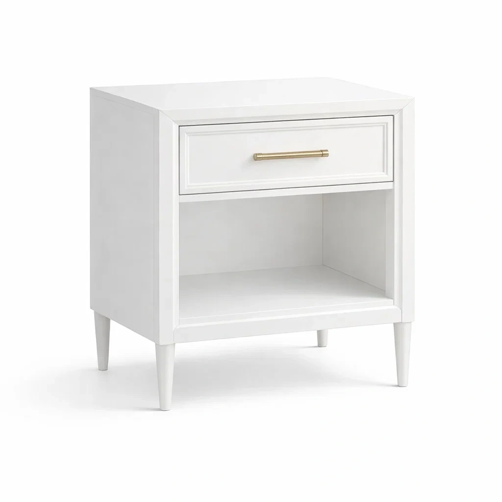 Bedside Table White MDF with Drawer and Brass Handle-VIBEROOMZ