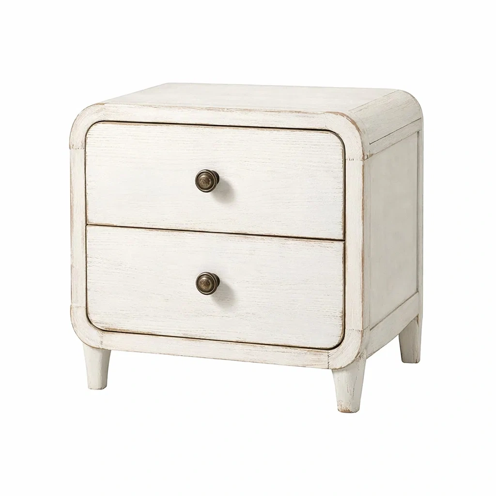 Bedside Table Wood Two-Drawer White Distressed Finish 50x40x60cm-VIBEROOMZ