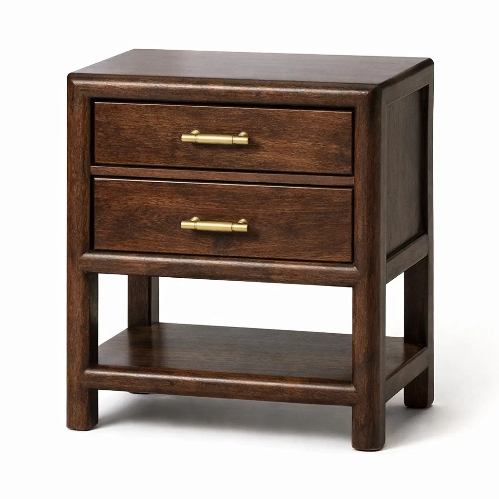 Bedside Table Wooden with Two Drawers and Brass Handles-VIBEROOMZ