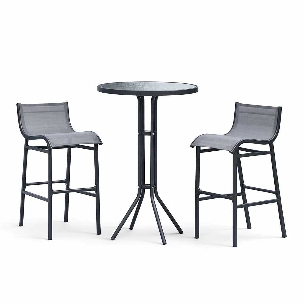 Bar Set 3-Piece Outdoor with Round Glass Table and Metal Chairs Grey-VIBEROOMZ