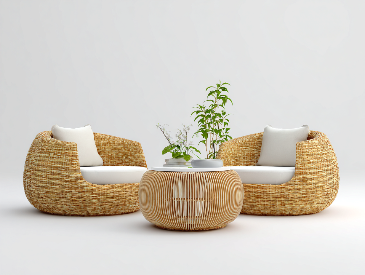 Outdoor Sofa Wicker Lounge Chair Set with Round Table 30x30x28 inches - Natural - Modern Design-Cottaupio