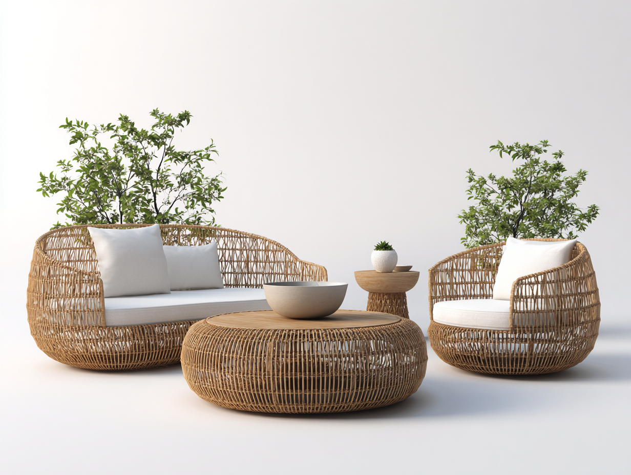 Outdoor Sofa Rattan Lounge Set with Coffee Table 90x60x30 inches - Natural Wood - Modern Outdoor Design-Cottaupio