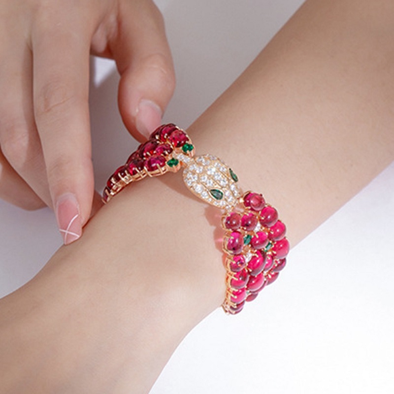 Red Garnet Bead Stones Snake Head Shaped Open And Close Bangle Bracelet