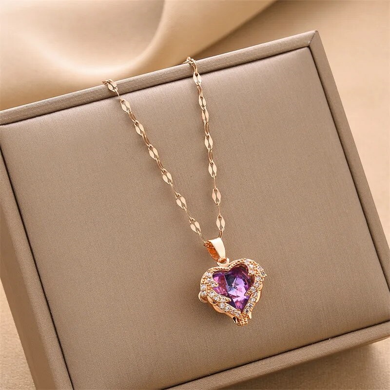 Luxury Zircon Crystal Heart Pendant Necklace For Women