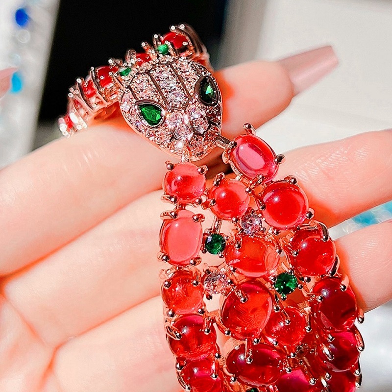 Red Garnet Bead Stones Snake Head Shaped Open And Close Bangle Bracelet