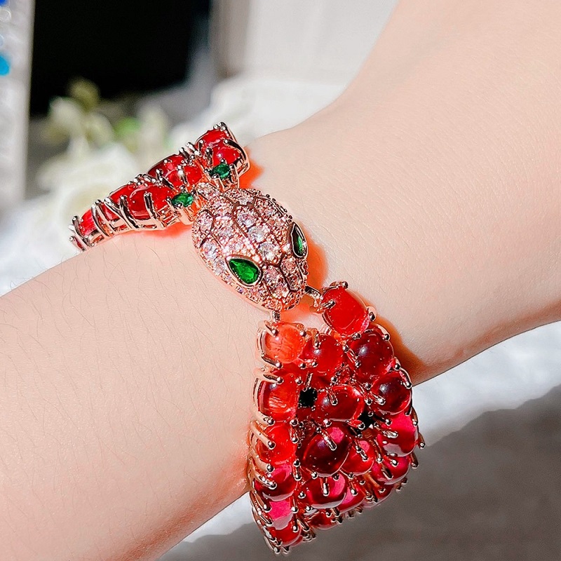 Red Garnet Bead Stones Snake Head Shaped Open And Close Bangle Bracelet