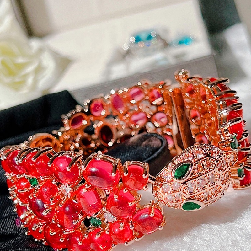 Red Garnet Bead Stones Snake Head Shaped Open And Close Bangle Bracelet