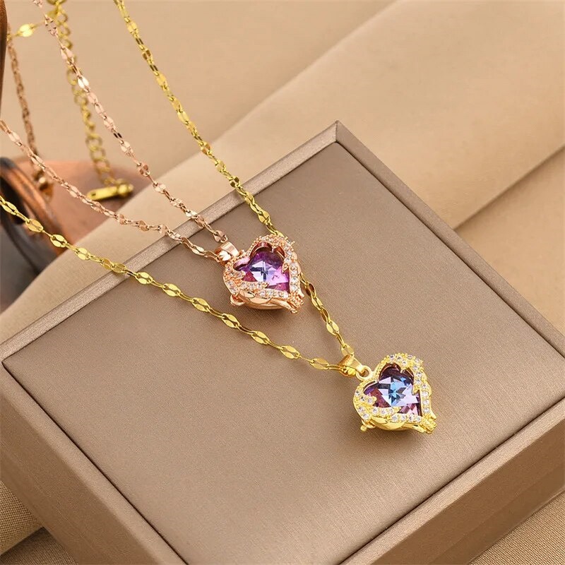 Luxury Zircon Crystal Heart Pendant Necklace For Women