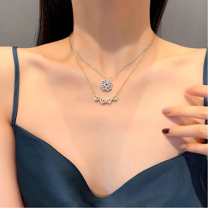 Magnetic Folding Heart Shaped Four Leaf Clover Necklace