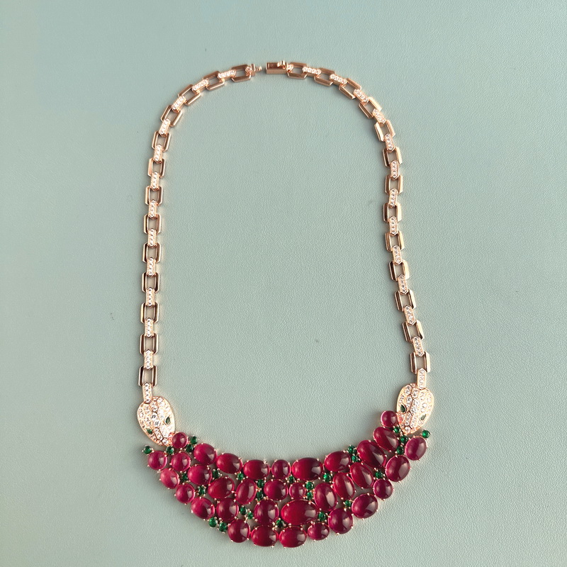 75 Carats Women Lady Inlay Cubic Zircon Red Beads Double Snake Pendant Rose Gold Color Chain