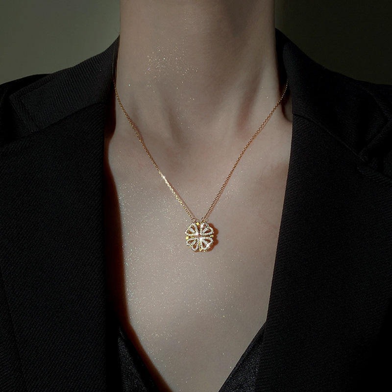 Magnetic Folding Heart Shaped Four Leaf Clover Necklace
