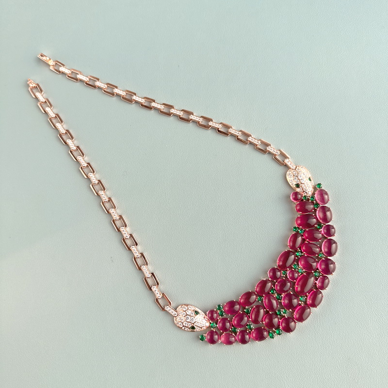 75 Carats Women Lady Inlay Cubic Zircon Red Beads Double Snake Pendant Rose Gold Color Chain