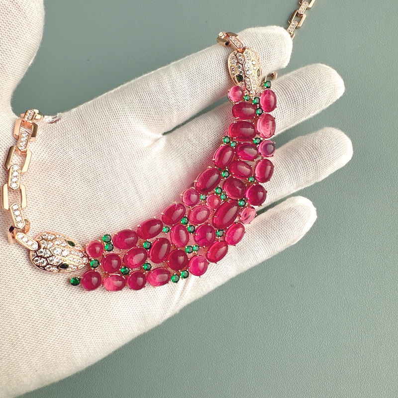 75 Carats Women Lady Inlay Cubic Zircon Red Beads Double Snake Pendant Rose Gold Color Chain