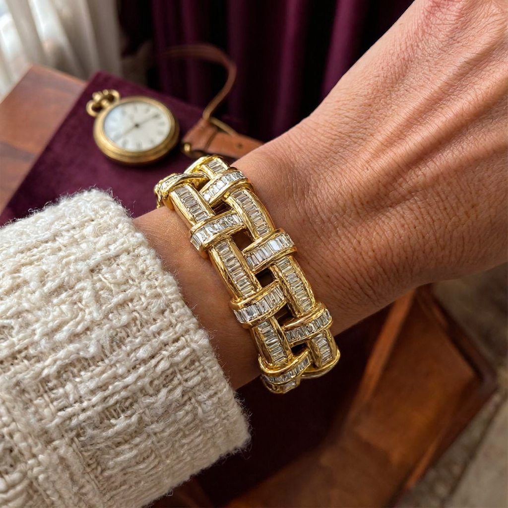 Basket Weave Design White Stone Bracelet