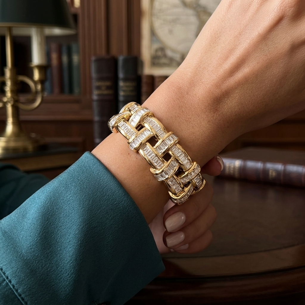 Basket Weave Design White Stone Bracelet