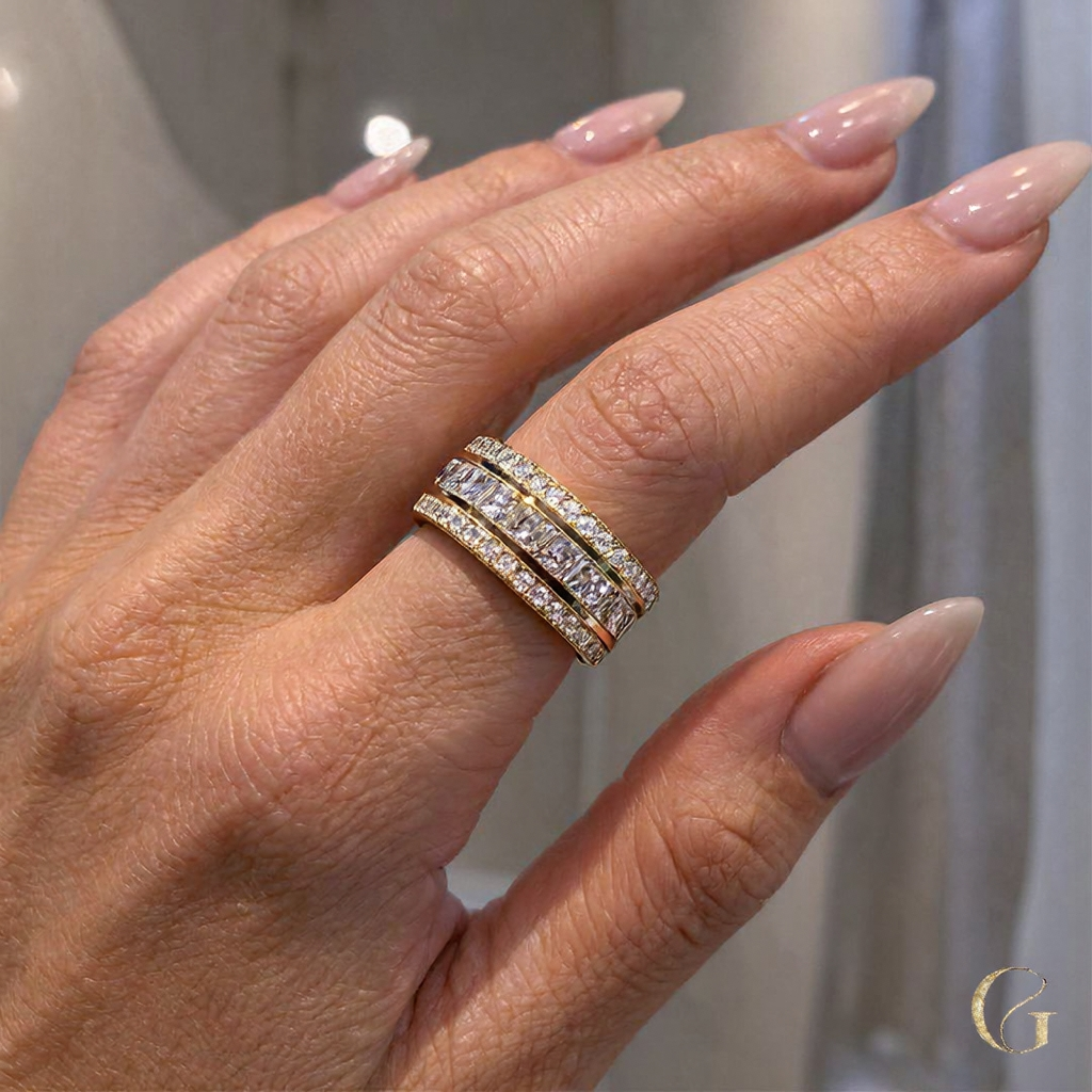 8mm Men’s Diamond Bevelled Edge Band  Channel Set Princess Cut White Stone In Gold Plating