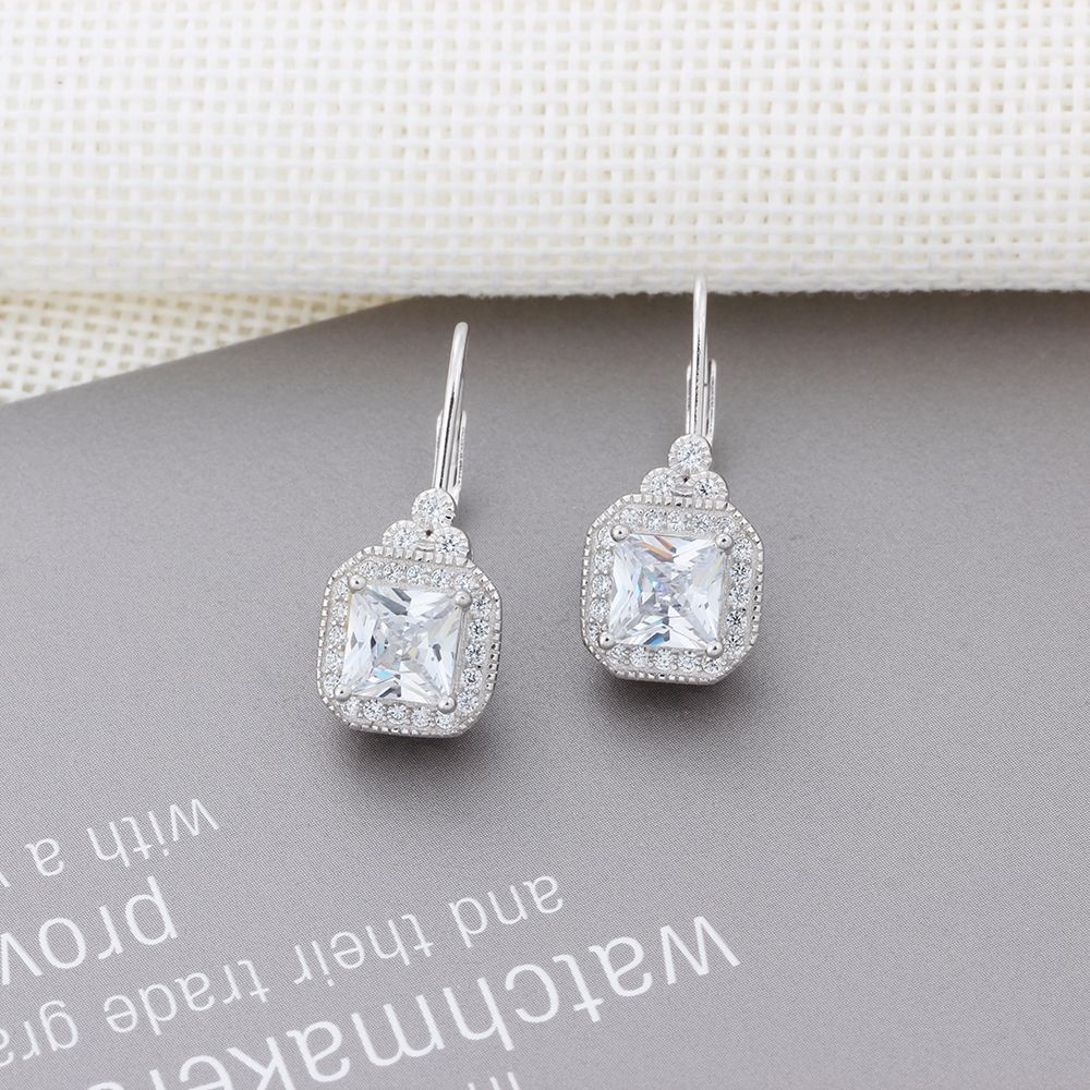 Sterling Silver Classic Halo Round With Princess Cut Drop Earrings