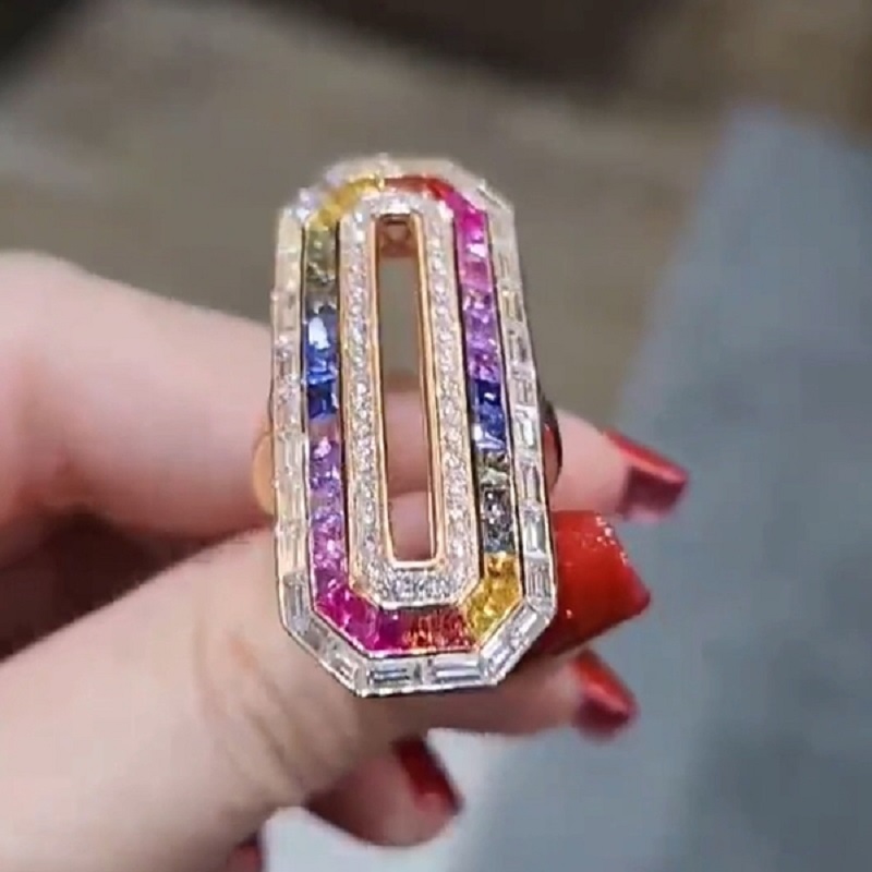 Diamond Infinity Set Brick Seven Color Zirconia Rainbow Double Row Ring