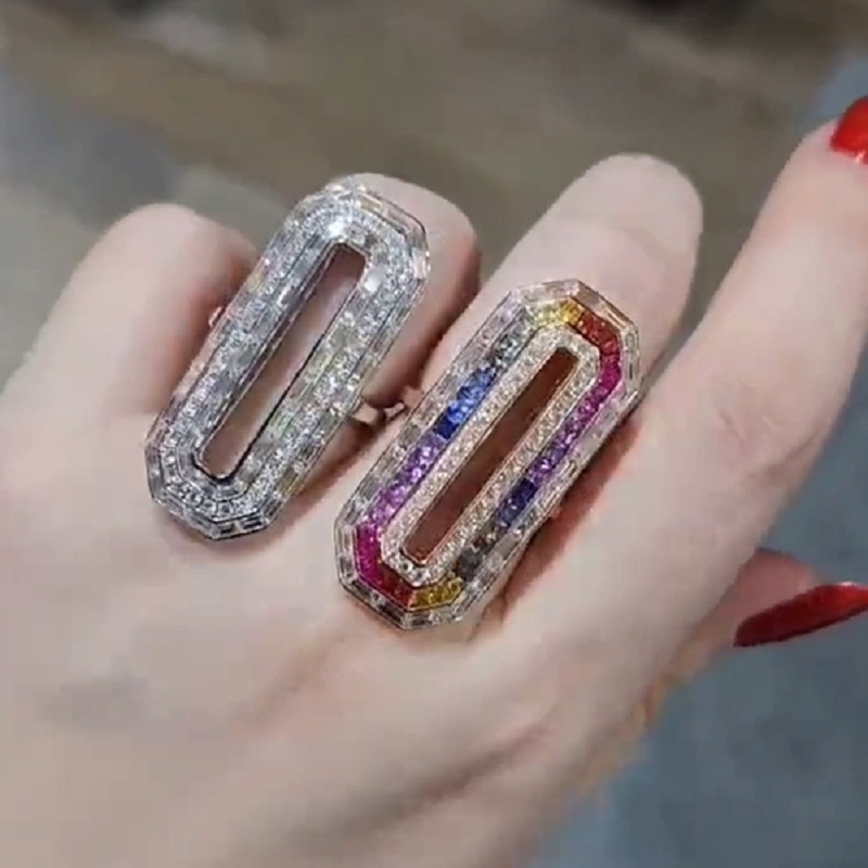 Diamond Infinity Set Brick Seven Color Zirconia Rainbow Double Row Ring