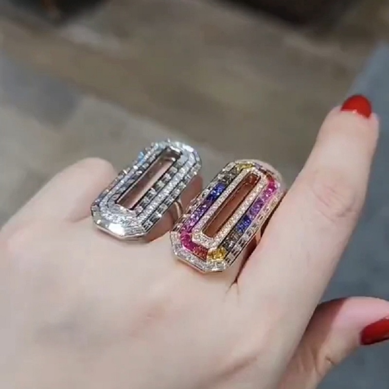 Diamond Infinity Set Brick Seven Color Zirconia Rainbow Double Row Ring