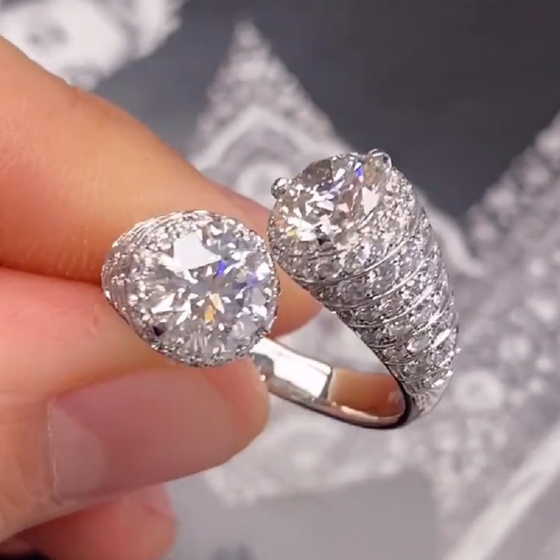 4.0CT White Gold Ring With Two Round Diamonds And Pave Diamonds