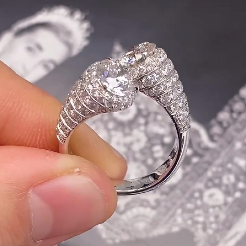 4.0CT White Gold Ring With Two Round Diamonds And Pave Diamonds