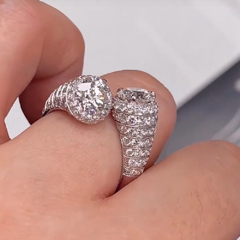 4.0CT White Gold Ring With Two Round Diamonds And Pave Diamonds